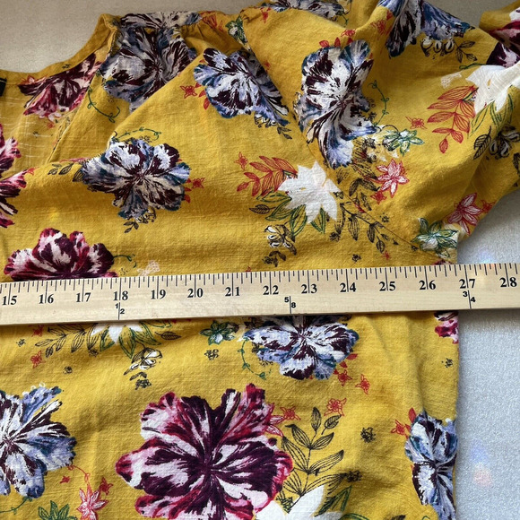 RD Koko Linen Shirt Women 2X Yellow Floral Button Up Top Front Tie V Neck Blouse - Picture 6 of 10